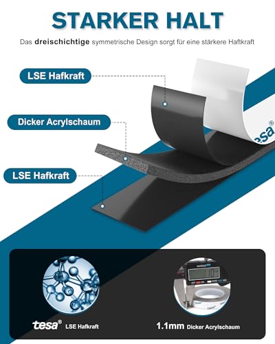 Emitever Doppelseitiges Klebeband 11 m*10 mm*1.1 mm, 6703 Extra Starkes Montageband, Wasserfest und Hochtemperaturbeständig für Auto, Heim- und Büro
