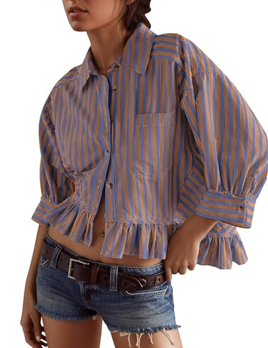 Women Peplum Button Down Shirts 3/4 Length Sleeve Business Casual Tops Crop Striped Oversized Shirts Blouses Tops