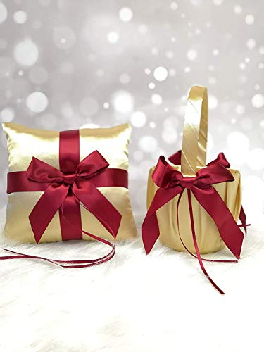 Abbie Home Flower Gold Girl Basket + Ring Pillow Satin Cover with Burgundy Ribbon Bow Décor Party Favor Luxury Satin Collection (Basket+Pillow)