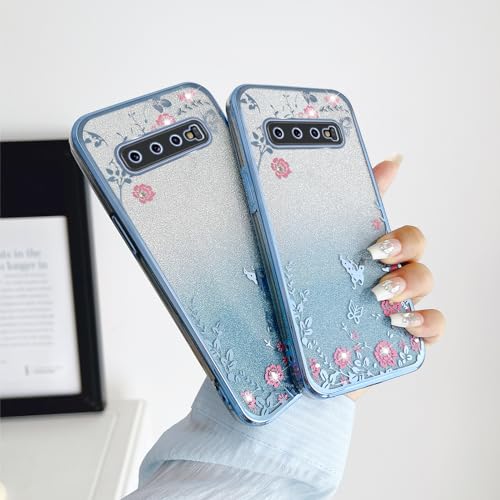 Image of for S10 Plus Case, Galaxy S10 Plus Case for Women Gradual Change Glitter Crystal TPU Butterfly Floral Heart Clear Protective Cover with Strap for Samsung Galaxy S10 Plus 2019 (Blue)