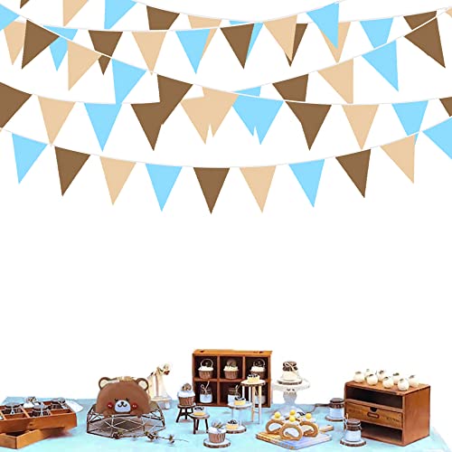 Image of 32Ft Brown Blue Party Decorations Brown Blue Pennant Banner Fabric Triangle Flag Bunting Garland Streamers for Teddy Bear Safari Wild Baby Shower Gender Reveal Birthday Theme Party Decor