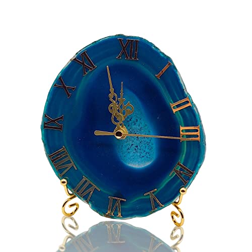 XMHOME Agate Slice Desk Clock 5-6" Irregular Wall Clocks Silent for Office Living Room Bedroom Decor-Blue