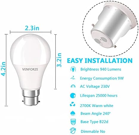 Venforze Bayonet Light Bulbs, 9W(Equivalent to 60W) 2700K Warm White B22 LED Bulb, 940LM A60 Bayonet Bulbs, Non Dimmable BC GLS Energy Saving Light Bulbs, Pack of 6 [Energy Class A+]