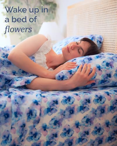 Image of Twin 3 Piece Floral Sheet Set - Soft, Breathable & Cooling - Blue Hydrangea
