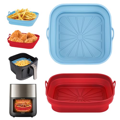 Alyvisun Moldes Silicona Freidora de Aire, 2 Piezas Bandeja Accesorios para Freidora sin Aceite Reutilizable Recipientes Cuadrado Cesta Utensilios para Air Fryer, Microondas, Horno (Rojo+Azul Cielo)