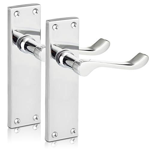 XFORT Chrome Elegance Range Polished Chrome 6 Victorian Scroll Lever Latch Handles, Polished Chrome Long Backplate Door Handles, Contemporary Design for Internal Wooden Doors (1 Pairs)