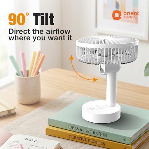 Image of Orient Electric Elfie Rechargeable Personal Fan | 90 Adjustable Airflow | 1800 mAh Battery | 4 Speed Modes | Quiet Operation | USB Type-C Charging | Compact Mini Fan (White)