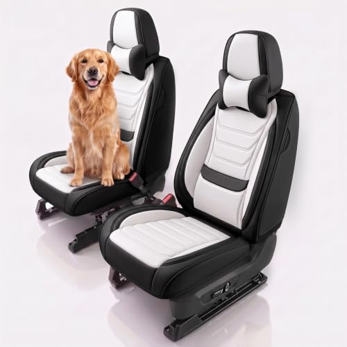 Image of for GMC Terrain 2010-2025 Seat Covers 2P w /Headrests (Black /White) | Waterproof car seat cover, anti-slip, breathable. Airbag compatible. Seat heating works. Easy clean. Durable stitching.