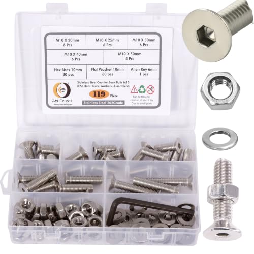 Image of Metric M10 Stainless Steel 202 Grade CSK Head Allen Bolt Hex Socket Countersunk Screws Nuts & Washers Assortment Kit with Allen Keys & Storage Box - 119 Pieces