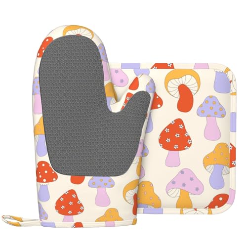 Mushroom Trendy Cute Pop 70s Oven Mitts and Pot Holders Set of 2 Silicone Heat Resistant Oven Mitten Potholders Non Slip Gloves Kitchen Decor for BBQ Cooking Grilling Baking