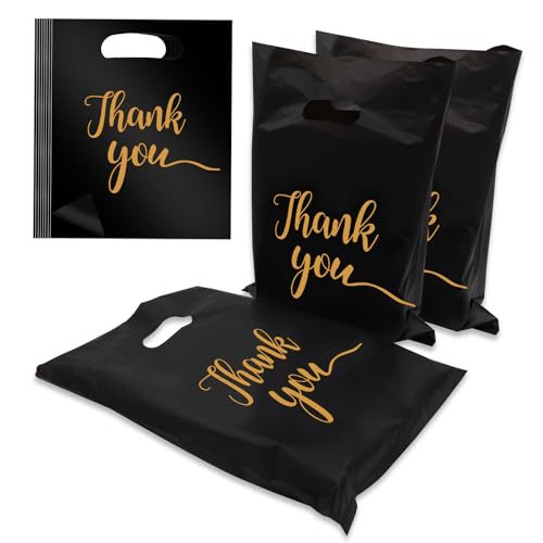 100 Bolsas Bolsas Regalo Plástico, Bolsas Chuches Cumpleaños, Bolsas de Compras Reutilizable impermeable y a prueba de desgarros Negro(Thank you)-400x500mm