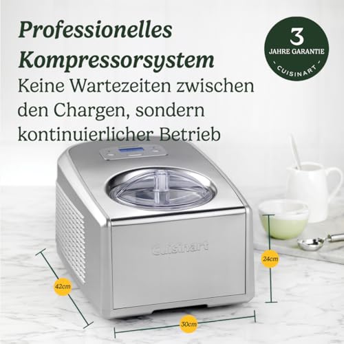 Cuisinart Eiscreme- und Gelato-Maschine | Macht Eiscreme, Gelato, Sorbet, gefrorenen Joghurt in 40 Minuten | Hausgemachte Desserts | Schüssel muss nicht vorgefroren werden | Edelstahl | ICE100BCU