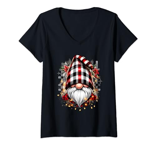 Cute Buffalo Plaid Christmas Gnome With Xmas Lights Maglietta con Collo a V