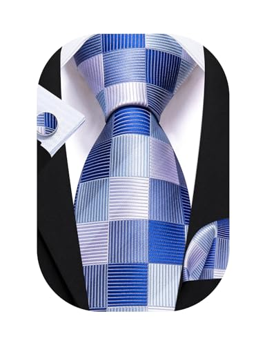 Image of Barry.Wang Plaid Ties Check Mens Necktie Set with Handkerchief Cufflinks Classic Stripe