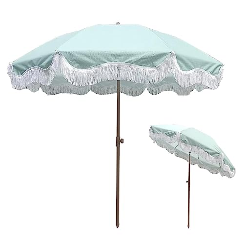 GFAZXDS 200cm Garden Parasol with Fringe Lace, Outdoor Terrace Beach Umbrella Protection UV50+, Tilt Patio Umbrella with 8 Sturdy Ribs, Height Adjustable, Green, No Base