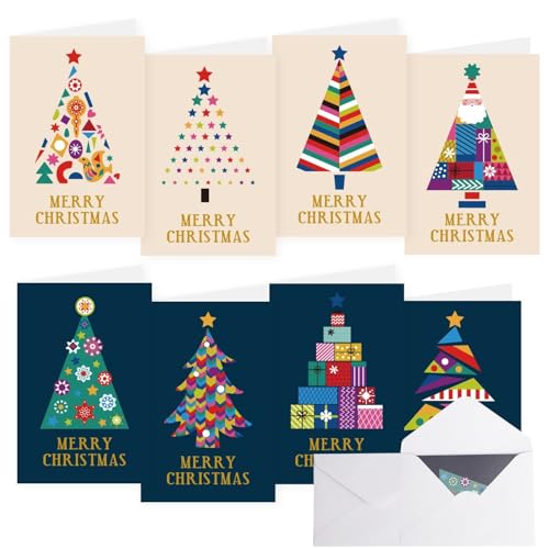 Suloli - Lote de 16 tarjetas de Navidad con sobres blancos, 8 diseños diferentes, tarjetas de felicitación navideñas, tarjetas plegables, agradecimiento de Navidad (árbol de Navidad)
