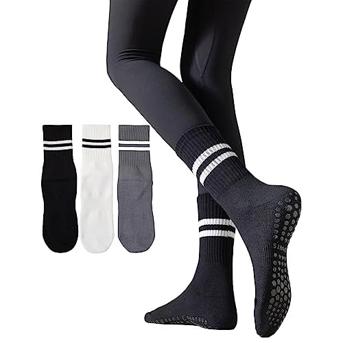 Irisbear Womens Pilates Socks Non Slip Yoga Socks Barre Hospital Athletic Socks for Women 3 PACK BLACK WHITE GRAY
