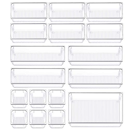 Geharty Makeup Desk Drawer Organizer 17 Pcs Set 4-Size Plastic Clear Kitchen Utensils Bathroom Desk Drawers Vanity Organizers Tray and Storage dividers