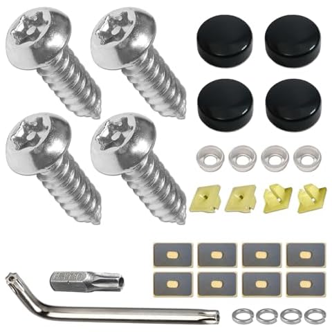 Aootf Stainless Steel License Plate Screws -30PC Star Anti Theft Screw Torx Head Security Tamper Resistant Self Tapping License Plate Bolt License Plate Frame Fastener, Black Caps,Anti-Rattle Pad Cover