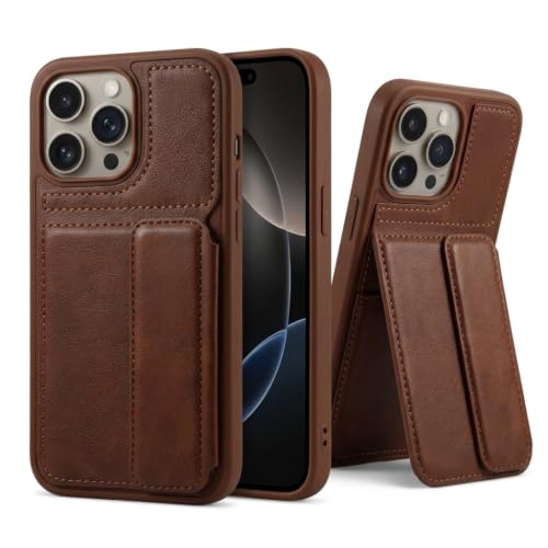 Image of amazon basics Luxury Vegan Leather Back Cover for iPhone 12 Pro Max | Built-in Card Holder Slot | Integrated Mobile Stand | Slim Shockproof Protective Case with Stitched Finish - Brown
