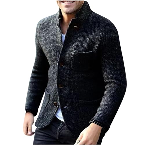 Mens Knitted Blazers Sweaters Button Down Stand Collar Cardigan Jackets Open Front Fashion Sweater with Pockets