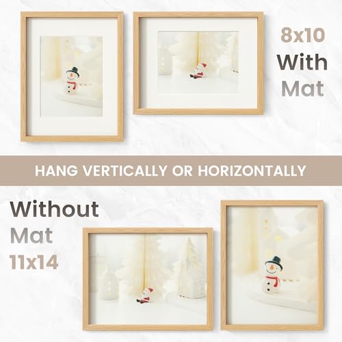 Image of 11x14 Picture Frame Set of 3, USA-Sourced Natural Oak Wood Photo Collage Frame with HD Tempered Glass, Modern Simple 11 x 14 Wooden Frame Matted to 8x10, Vertical & Horizontal Wall Hanging Display