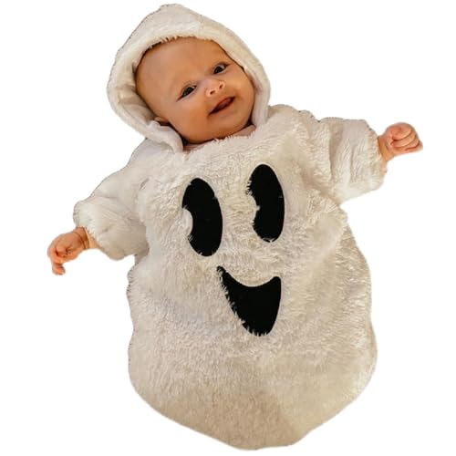 Qianderer Baby Girl Boy Halloween Costumes Ghost Long Sleeve Hoodie Romper Fuzzy Jumpsuit Cute Baby Halloween Outfit Fall Winter Clothes (Ba White, 0-3 Months)