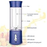 Canareen Portable Blender Smoothie Maker - 500ML Blender do koktajli i soków | Mini blender USB z akumulatorem 4000mAh z 6 ostrzami | Blender ręczny do sporty podróż siłownia (Niebieski)