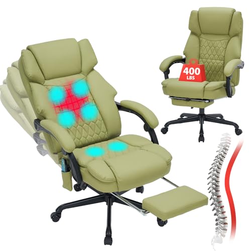 Image of Massage Office Chair with Foot Rest 6 Points Vibration and Heat Home Office Desk Chairs for Heavy People 400lbs Reclining Managerial Chairs Ergonomic Executive Chair (Green)