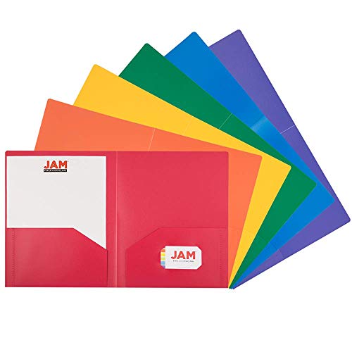 JAM PAPER Heavy Duty Plastic 2 Pocket Extra Tough School Folders – Assorted Primary Colors – 6/Pack