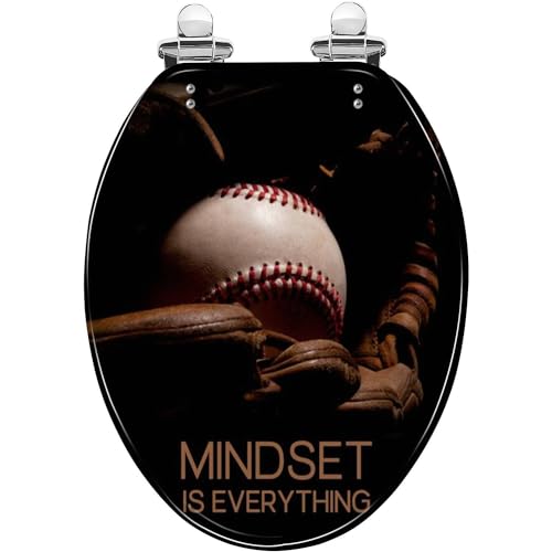 Elongated Toilet Seat Mindset Quote Baseball Sport Theme Resin Toilet Seat with Quietly Close Quick Release Hinges Decorative Toilet Seat with Cover Easy to Clean and Install