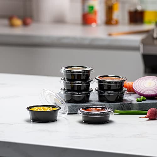 Image of 1.5 oz - 100 Sets Black Diposable Plastic Portion Cups With Lids, Small Mini Containers For Portion Controll, Jello Shots, Meal Prep, Sauce Cups, Slime, Condiments Disposable Souffle Cups