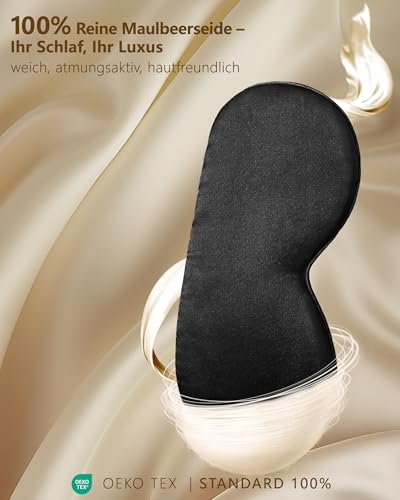 Aosun Schlafmaske Seide für Seitenschläfer, 100% Bio Maulbeerseide, 9 8% Lichtblockierende Schlafbrille mit Verstellbarem Band für Frauen & Herren & Kinder, Schlaf Augenmaske für Reise Gadget, Schwarz