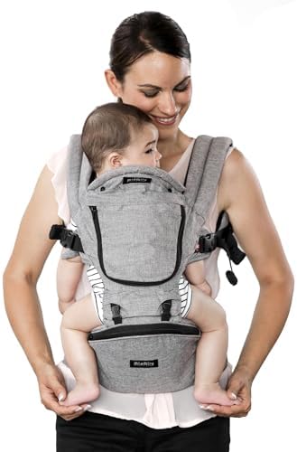 MiaMily Ergonomic Hip Seat Baby Carrier, 6 Carry Positions, Newborn to Toddler, Lumbar Support, Adjustable Waist Belt, Hipster Plus, Stone Grey