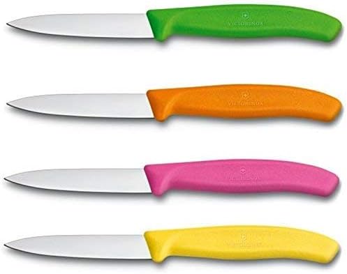 Victorinox Swiss Stainless Steel Paring Knife 3.25 Inch Blade, Spear Pointy (Set of 4) Green, Orange, Pink and Yellow Utility Knife Set