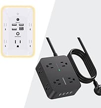 HANYCONY Outlet Extender with Night Light and Black 8 Outlets Power Strip Surge Protector with 4 USB Ports Bundle