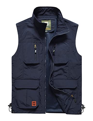 Gnveub Men’s Fishing Vest Outdoor Work Quick-Dry Hunting Zip Reversible Travel Vest Jacket with Multi Pockets, Navy, X-Large