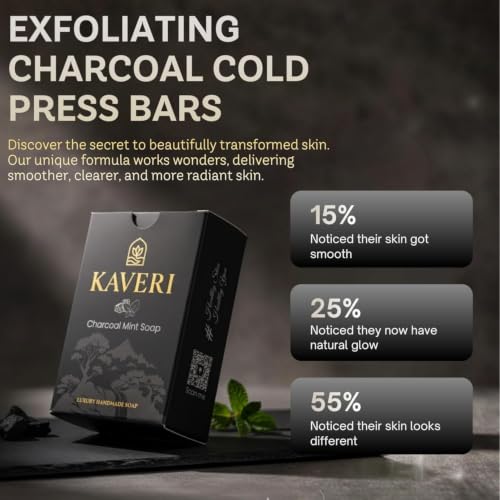 Image of KAVERI Activated Charcoal & Mint Handmade Soap Bar - Cold-Processed Deep-Cleansing Bar, SLS-Free - Pack of 3 Combo (3 x 110g)