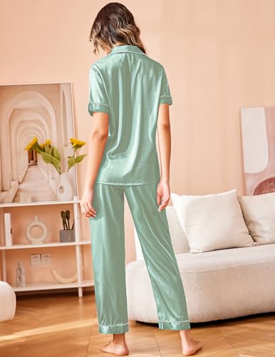 Image of Ekouaer 2 Piece Satin Short Sleeve Pajamas Set Button Down Sleepwear | Soft Pjs Set Classic Loungewear for Wedding, Party, Home, Daily Wear, Date Nights