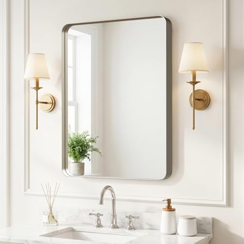 Image of Kosmonia 30 inchx22 inchBathroom Mirror for Wall Metal Framed Brushed Nickel | Anti-Rust, HD Reflection Anti-Desilvering, Distortion Free, Tempered and Shatter-Proof Wall Mounted Mirror