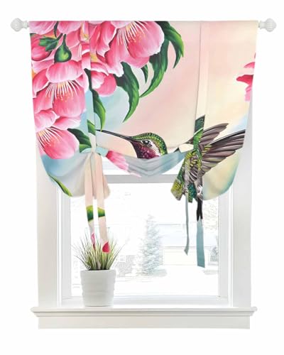 Tie Up Curtains for Windows Peach Blossom Hummingbird Rod Pocket Tie-Up Window Shade Adjustable Balloon Curtain Valance Country Pink Floral for Bedroom Kitchen Bathroom Blinds,42x45in