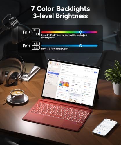 Surface Pro Keyboard, Wireless Ergonomic Type Cover for Microsoft Surface Pro 7 Plus 7/6/5/4/3 12.3 inch, Ultra-Slim Portable Magnetic Bluetooth Keyboard with 7 Color Backlit, Trackpad Red