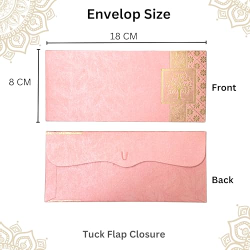 Image of Pack of 100, Rectangle Shape Metallic Paper Shagun Envelopes for Gifting Sagan Lifafa Wedding Occasion Cash Money, 18 X 8 cm, Pink Color - Gold Tree Design