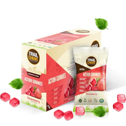Image of Trail Chews - Strawberry Flavor - 4-in-1 Energy Gummies for Energy, Hydration, Immunity, and Recovery. 50mg Yerba Mate Caffeine, 403mg Essential Vitamins, and 1000mg BCAAs per Serving. Plant-Based & Gluten-Free. 12 Single-Serving Bags, 10 Gummies Each.