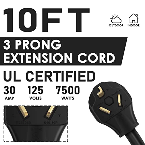 10Ft 3 Prong Dryer Extension Cord, 30 Amp Nema 10-30P To 10-30R Ev Extension Cord For Dryer Power Extension And Level 2 Ev Charging, 125V/250V 10 Awg Stw Etl Listed (Black) #TOP4