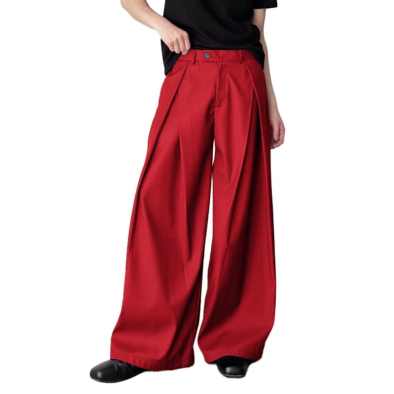 THWEI Mens Baggy Wide Leg Pants Zipper Fly Pleated Trousers Casual Dress Pants with Pocket Red L