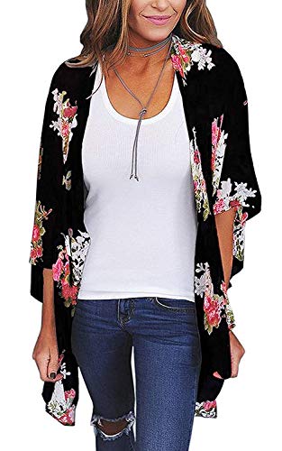 Womens Kimono Cardigan Beach Cover Up Floral Chiffon Loose Capes Blouse Top (Medium, Black02)