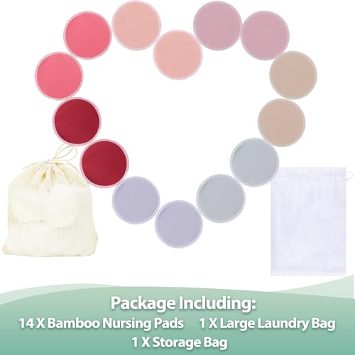 Image of wegreeco Nursing Breast Pads (14 Pack) + Laundry Bag & Travel Storage Bag, 4.7 inch Option - Washable & Reusable Breastfeeding Nursing Pads (Pink and Purple, Large, Plain Shape)
