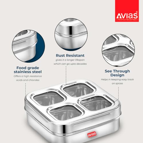 Image of AVIAS 4 Square Stainless Steel Masala Box for Kitchen, Spice Box with See-Through Lid, 4 Containers Masala Dani /Dabba, Dry Fruit Organiser, Food Grade Rust-Free Steel, Design 17.5cm, Silver
