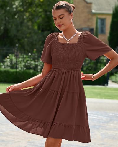 Image of BTFBM Womens Summer Smocked Mini Dress Spring Square Neck Flutter Sleeve Casual Ruffle Swing Boho Beach Dresses Pockets
